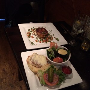 Crab cake entrée (top). Chicken burger (bottom).