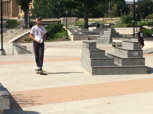Jonathan Monk's two sturdy sculptures, Steps and Pyramid, in Paine's Park.