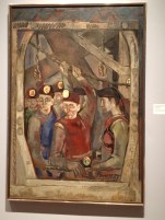 Miners In A Lift, painted by Henry Poor in 1947.